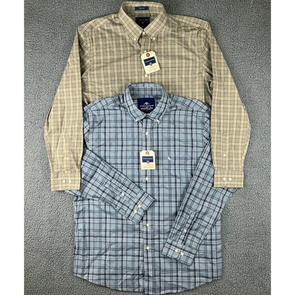 Lot of 2 Saddlebred Mens Large Plaid Button Down Shirts Tan Blue Long Sleeve NWT